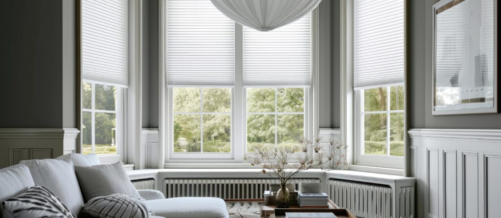 Motorized cellular shades on west-facing windows in a living room