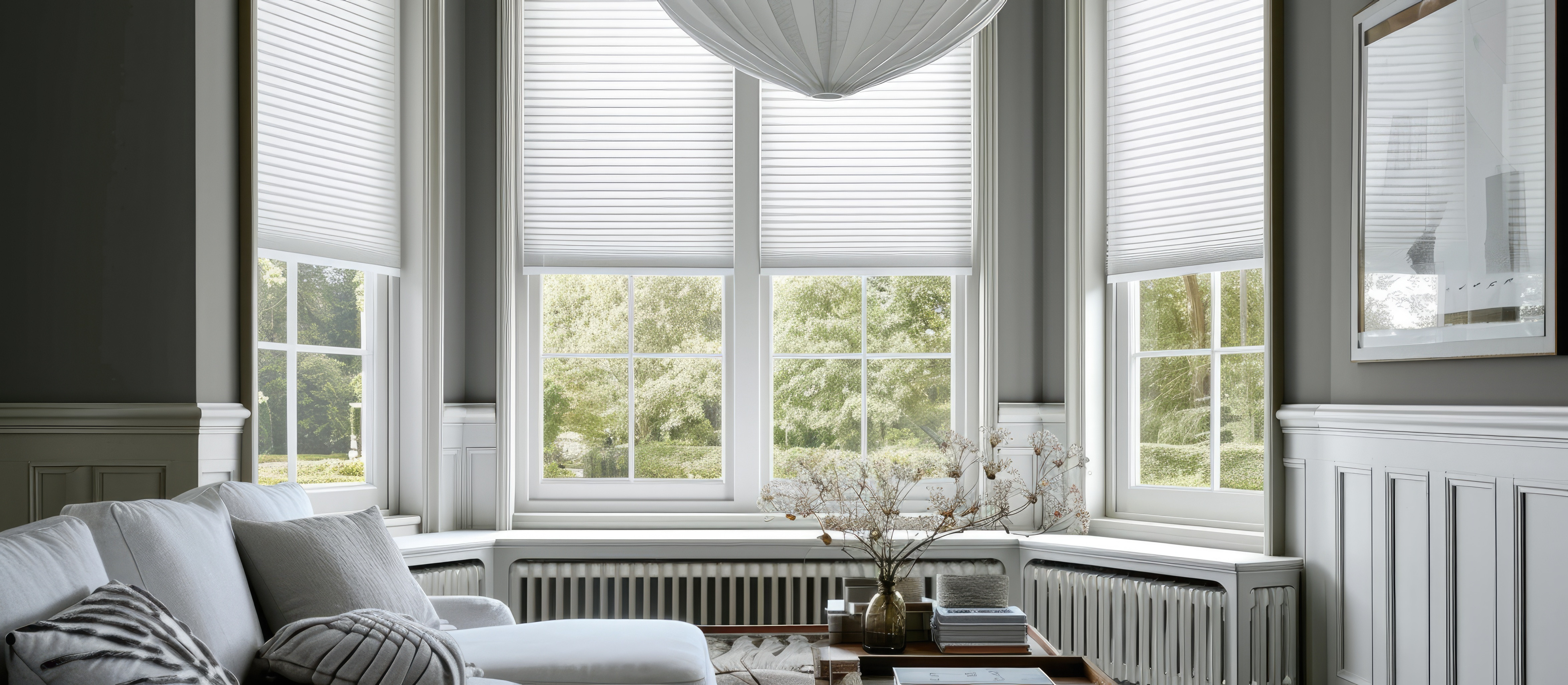 Motorized cellular shades on west-facing windows in a living room