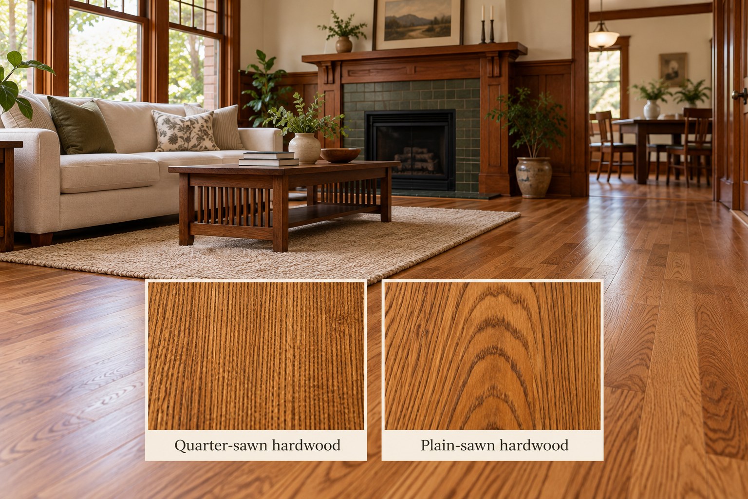 Historic Covina bungalow hardwood flooring with quarter sawn and plain sawn grain patterns